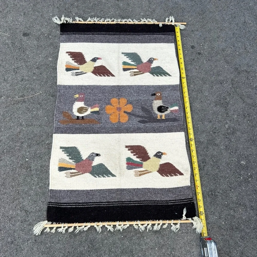 Vintage Handwoven Wool Bird Folk Art Wall Hanging Tapestry with Dowels 15x28